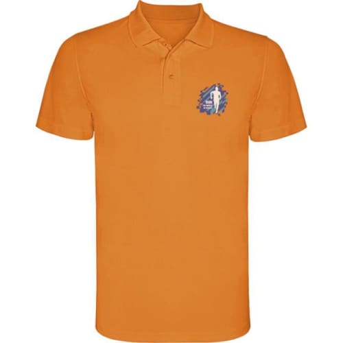 Logo branded Roly Monzha Short Sleeve Men's Sports Polo in Fluorescent Orange from Total Merchandise