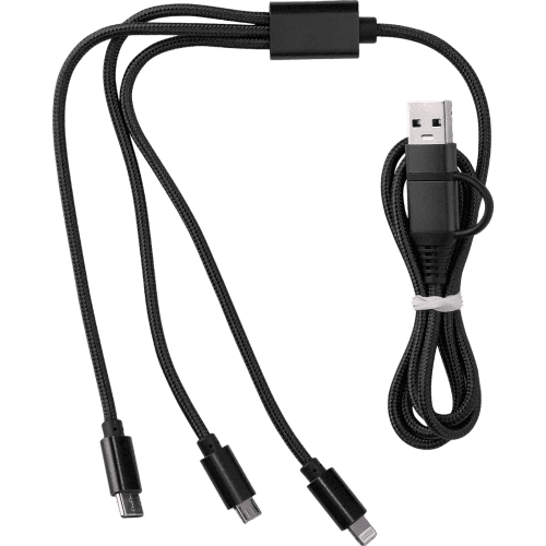 Custom printed 3-in-1 charging Cable with a printed design from Total Merchandise - Black