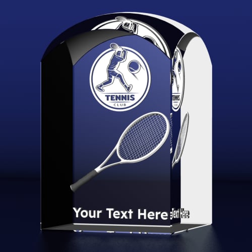 Custom Branded Sports Crystal Dome Tower Award with Tennis Design and Custom Engraved Text