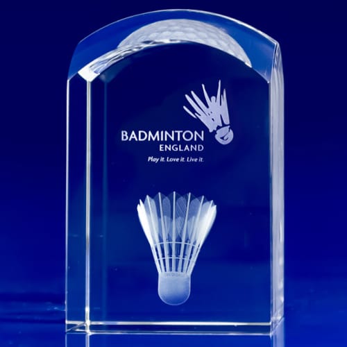 Custom Branded Sports Crystal Dome Tower Award with Badminton Design and Custom Engraved Text