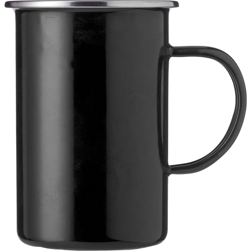 Custom branded Enamelled Steel Mug with a printed design from Total Merchandise - Black