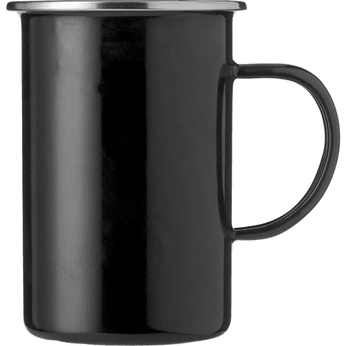 Custom branded Enamelled Steel Mug with a printed design from Total Merchandise - Black