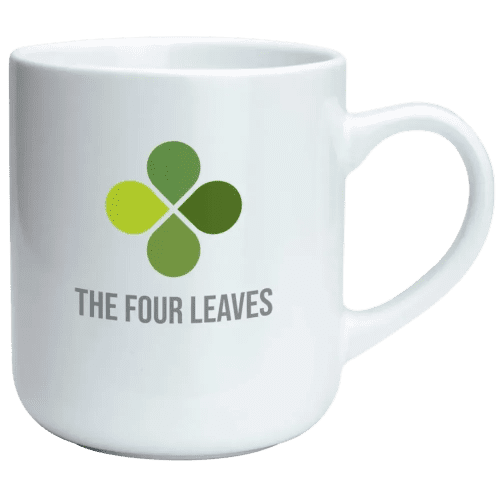 Logo branded White Clover Mug with a printed design from Total Merchandise