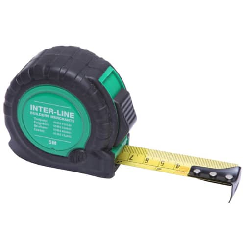 Promotional logo branded 5m Trade Tape Measure in black & green from Total Merchandise