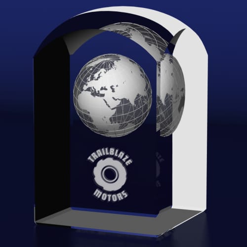 Custom 3D Engraved Globe Crystal Dome Tower Award with Logo by Total Merchandise
