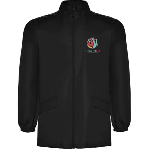 Logo Branded ROLY Escocia Unisex Lightweight Rain Jacket in Solid Black from Total Merchandise