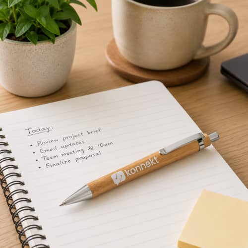 Lifestyle image of the Rodeo Bamboo Ballpen by Total Merchandise