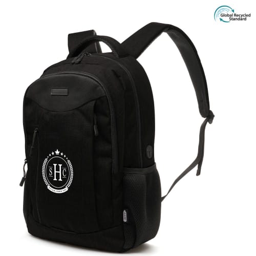 Custom branded Rpet Backpack in Black printed with your logo from Total Merchandise