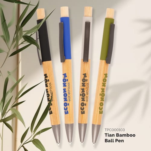 A lifestyle image of the Tian Bamboo Ballpens from Total Merchandise