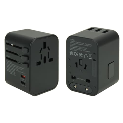 Custom Branded Worldwide Travel Adapter with Fast Charge USB-C in Black from Total Merchandise