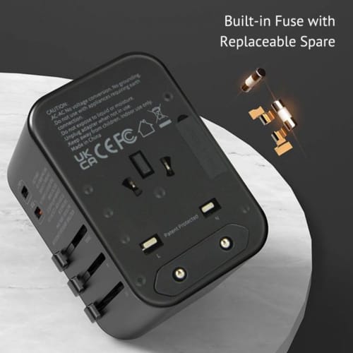 Logo Printed Worldwide Travel Adapter with Fast Charge USB-C in Black from Total Merchandise