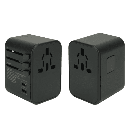 Custom Branded Worldwide Travel Adapter with Fast Charge USB-C in Black from Total Merchandise