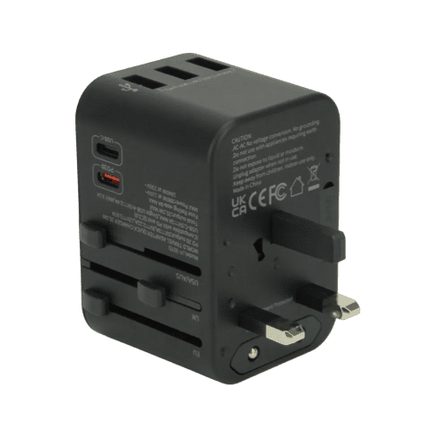 Logo Branded Worldwide Travel Adapter with Fast Charge USB-C in Black from Total Merchandise