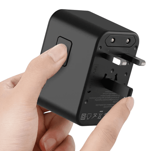 Customisable Worldwide Travel Adapter with Fast Charge USB-C in Black from Total Merchandise