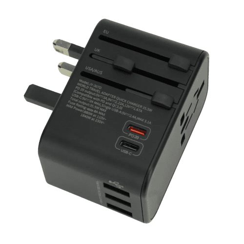 Personalisable Worldwide Travel Adapter with Fast Charge USB-C in Black from Total Merchandise