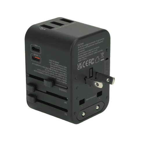 Logo Printed Worldwide Travel Adapter with Fast Charge USB-C in Black from Total Merchandise