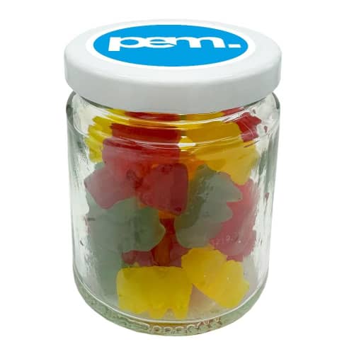 Promotional Mini Jar of Vegan Gummy Bears printed with your logo from Total Merchandise