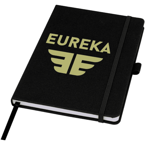 Honua A5 Recycled Paper Notebook with Rpet Cover in Solid Black printed with your company logo