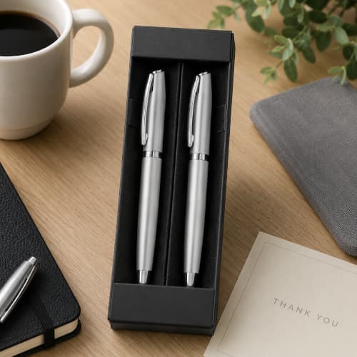 Lifestyle image of the Re-Lando Recycled Aluminium Pen Set by Total Merchandise