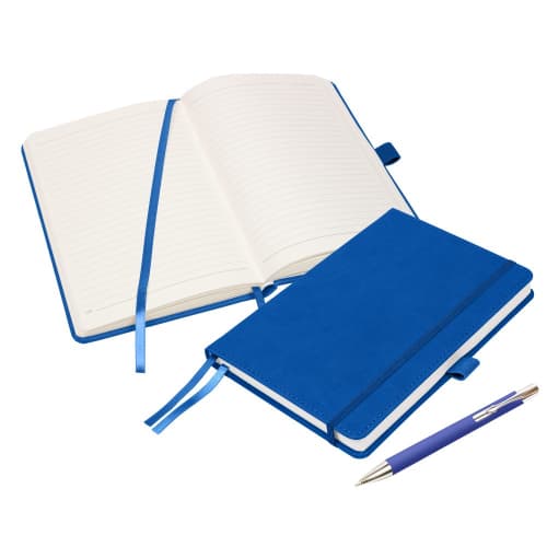 Logo Branded Moretti Luxury A5 Notebook set in Blue printed with your logo from Total Merchandise