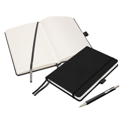 Logo Branded Moretti Luxury A5 Notebook set in Black printed with your logo from Total Merchandise