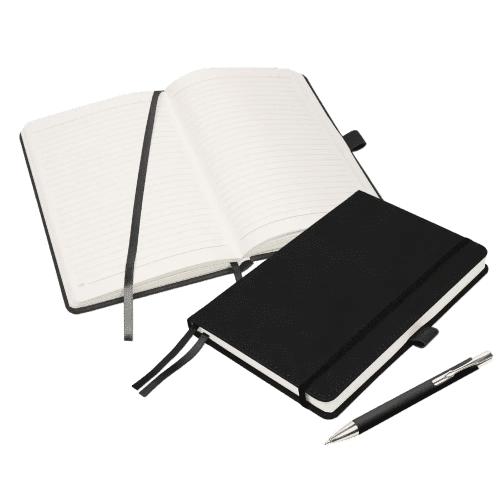 Logo Branded Moretti Luxury A5 Notebook set in Black printed with your logo from Total Merchandise