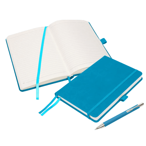 Promotional Moretti Luxury A5 Notebook set in Cyan printed with your logo from Total Merchandise