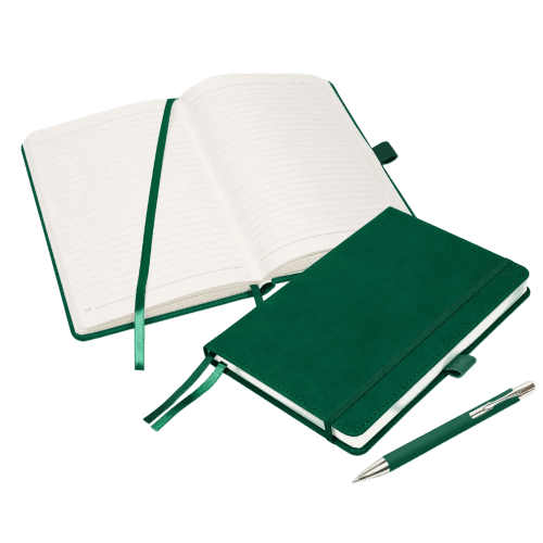 Customisable Moretti Luxury A5 Notebook set in Green printed with your logo from Total Merchandise