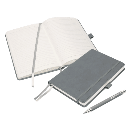 Branded Moretti Luxury A5 Notebook set in Light Grey printed with your logo from Total Merchandise