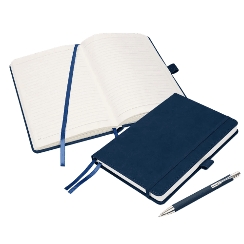 Personalisable Moretti Luxury A5 Notebook set in Navy printed with your logo from Total Merchandise