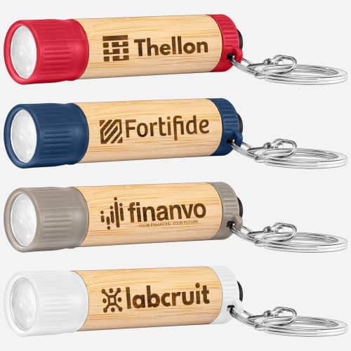 An image of all available colours of the Bamboo LED Torch Keyring engraved with your company logo