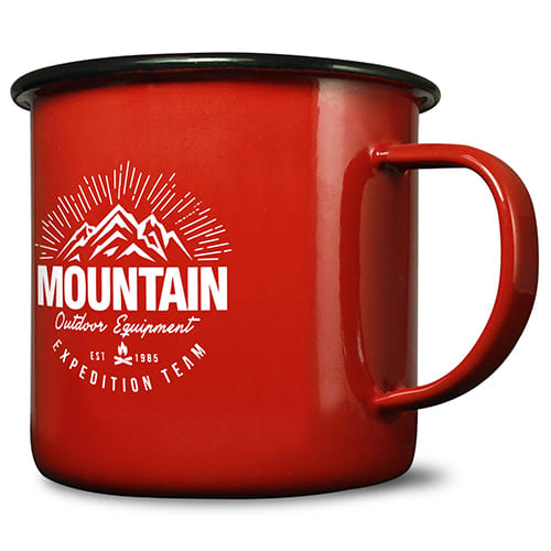 Custom 20oz Premium Enamel Mugs in red with black rim from Total Merchandise