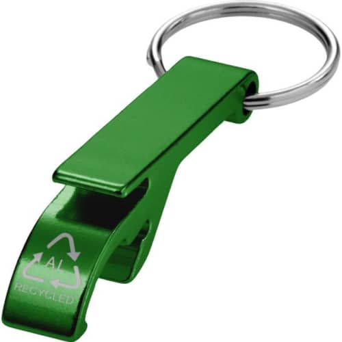 Branded Tao Recycled Aluminium Bottle and Can Opener Keychain in Green from Total Merchandise