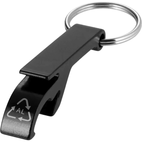 Logo printed Tao Recycled Aluminium Bottle and Can Opener Keychain in Black from Total Merchandise