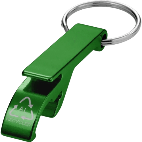 Branded Tao Recycled Aluminium Bottle and Can Opener Keychain in Green from Total Merchandise