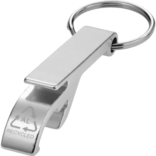 Promotional Tao Recycled Aluminium Bottle and Can Opener Keychain in Silver from Total Merchandise