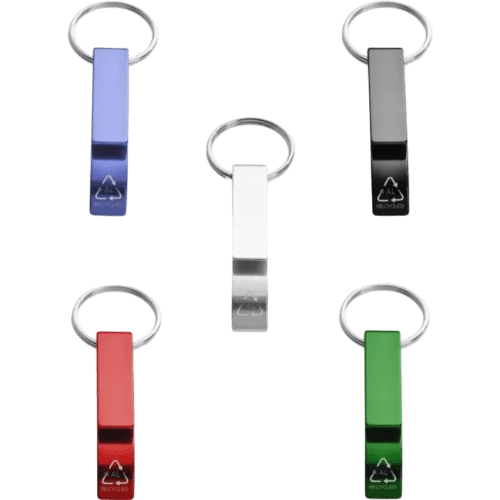 Group image of the Tao Recycled Aluminium Bottle and Can Opener Keychain from Total Merchandise