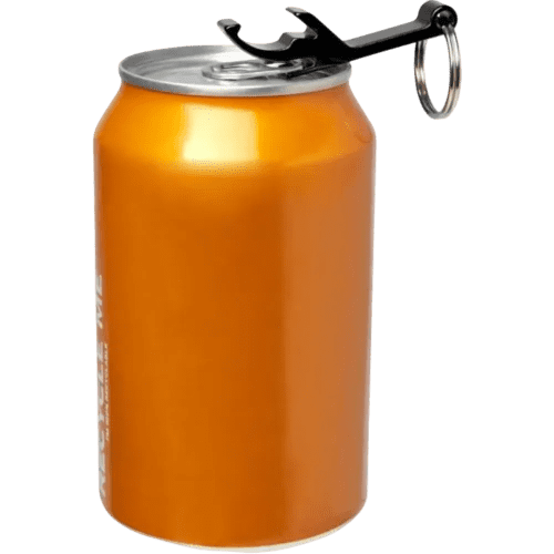 Lifestyle image showing the keychain being used to open a can.
