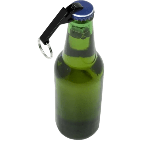 Lifestyle image showing the keychain being used to open a bottle.