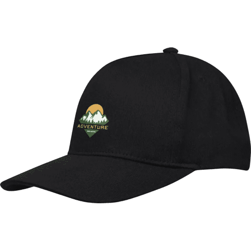 Personalisable Onyx 5 Panel Recycled Cap in Black branded with your logo from Total Merchandise