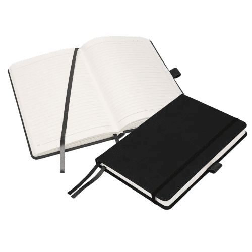 Personalisable A5 Luxury Moretti Notebooks in Black branded with your logo from Total Merchandise
