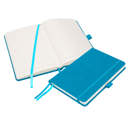 Custom Branded A5 Luxury Moretti Notebooks in Cyan branded with your logo from Total Merchandise