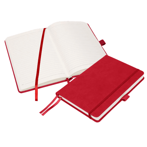 Logo Branded A5 Luxury Moretti Notebooks in Red branded with your logo from Total Merchandise