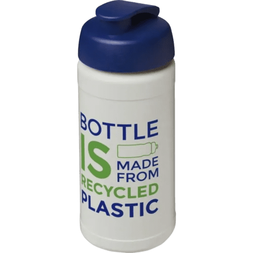 Branded 500ml Baseline Recycled Sports Bottle with Flip Lid in Natural/Blue from Total Merchandise