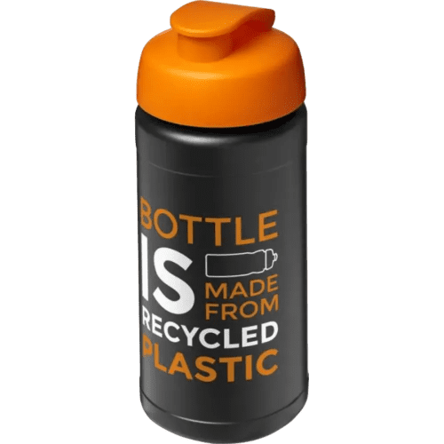 Promotional 500ml Baseline Recycled Sports Bottle with Flip Lid in Solid Black/Orange from Total Merchandise