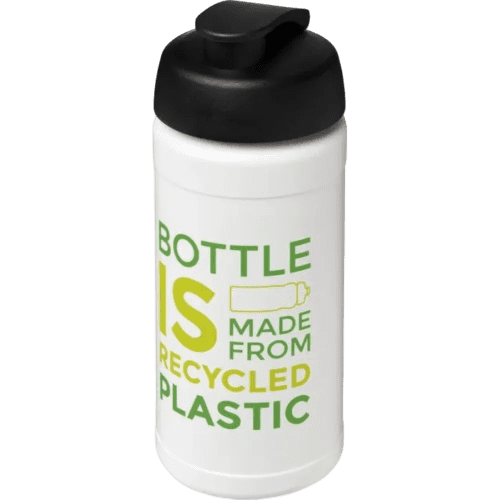 Branded 500ml Baseline Recycled Sports Bottle with Flip Lid in White/Solid Black from Total Merchadnise