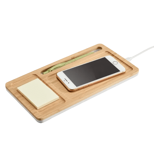 Logo branded Wireless Charging Bamboo Desk Organiser in Bamboo from Total Merchandise