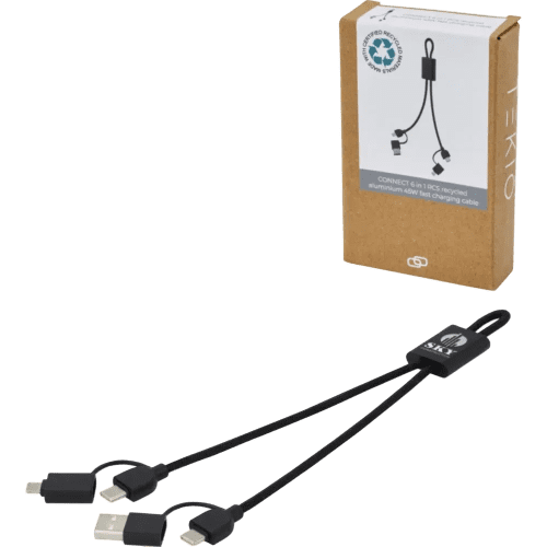 Branded 6-in-1 RCS Recycled 45W Fast Charge & Data Transfer Cable in Black from Total Merchandise