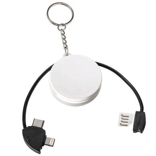 Promotional 3-in-1 Charging Cable Keyring in White branded with your logo from Total Merchandise