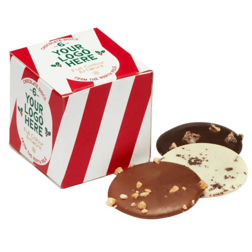 Branded Eco Maxi Cube of Chocolate Discs printed with your full colour logo from Total Merchandise
